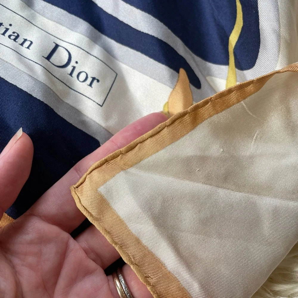 Vintage 70s Christian Dior 100% silk scarf abstract Iris design and logo large